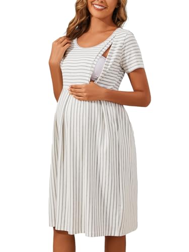 Ecavus Damen Stillkleid Kurzarm versteckter Reißverschluss Umstandskleid Stillkleid mit Taschen, Weiß / Grau gestreift, X-Groß von Ecavus