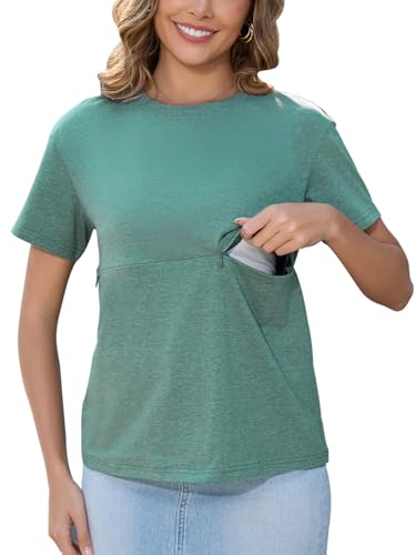 Ecavus Damen Umstands-Reißverschluss Still-Tops Kurzarm Stillshirts Bequeme lockere Passform Mama Kleidung, Grün (Heather Green), Mittel von Ecavus