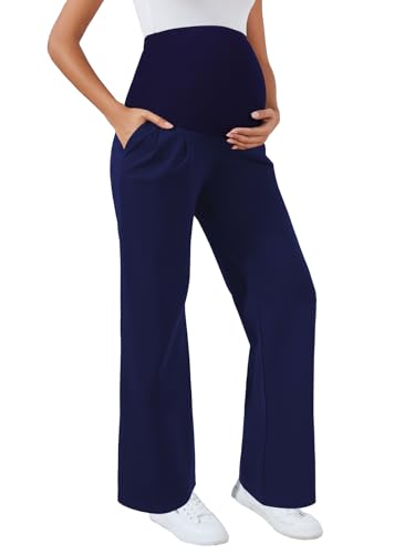 Ecavus Damen Umstandshose mit weitem Bein und Taschen – dehnbar über dem Bauch Schwangerschaft Freizeit und Arbeitshose, Marineblau, M von Ecavus