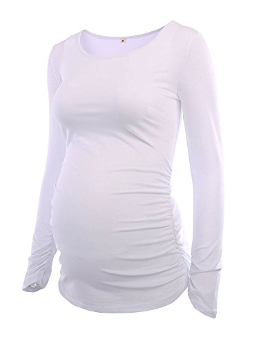 Ecavus Damen Umstandsoberteile Langarm Kleidung Schmeichelhaft Seite Rüschen Schwangerschaft T-Shirt, Weiß, Large von Ecavus