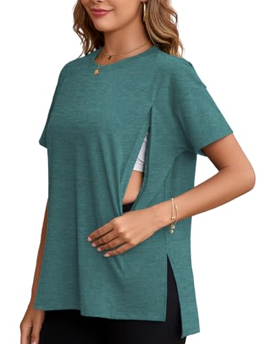 Ecavus Übergroße Still-Shirts für Damen, mit verstecktem Reißverschluss, kurze Ärmel, Seitenschlitze, Umstands-Tops, Heather, Blau, Klein von Ecavus