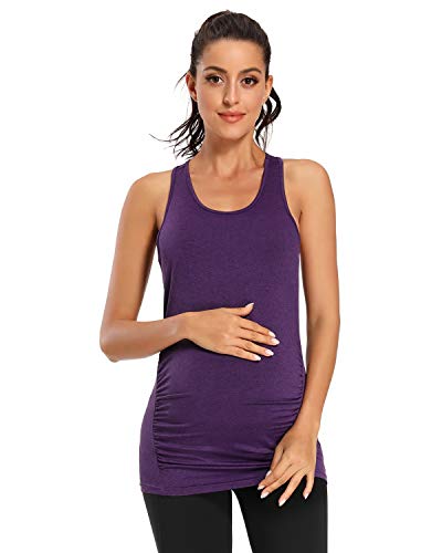 Ecavus Women's Maternity Tank Tops Seamless Racerback Workout Athletic Yoga Tops Sleeveless Pregnancy Shirt Dark Purple von Ecavus