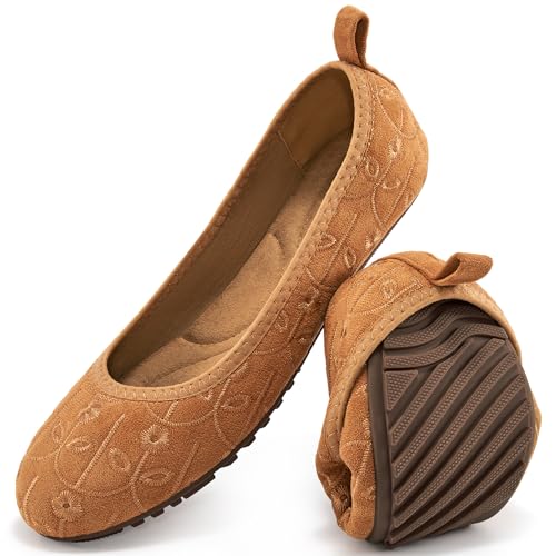 Ecetana Ballerinas für Damen: 2025, elegant, lässig, faltbar, bequem, runde Zehenpartie, Schlupfschuhe, Braun, 37 EU von Ecetana