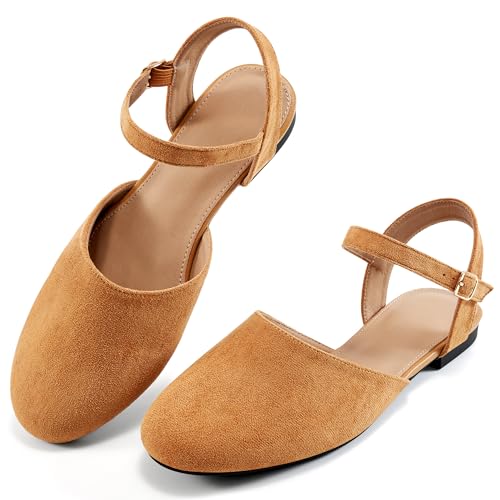 Ecetana Flache Damen-Sandalen, elegant, Sommer, bequem, lässig, modisch, runde Zehenpartie, Slingback-Schuhe mit Schnalle, Knöchelriemen, Braun, 39.5 EU von Ecetana