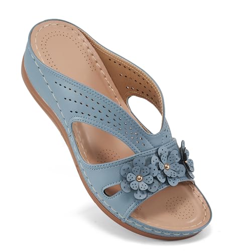 Ecetana Keilsandalen für Frauen mit Fußgewölbeunterstützung Casual Sommer Plateau Sandalen Bequeme Open Toe Slides Schuhe, Blau, 38.5 EU von Ecetana