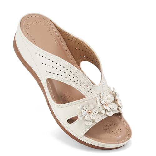 Ecetana Keilsandalen für Frauen mit Fußgewölbeunterstützung Casual Sommer Plateau Sandalen Bequeme Open Toe Slides Schuhe, Weiss/opulenter Garten, 38.5 EU von Ecetana