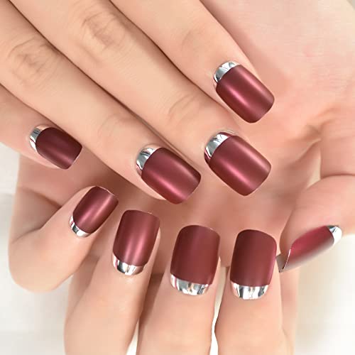 Burgunderrot matt, silberfarbene Metallic-Linie, kurze mittlere Squoval, Kunstnägel, Frauen Mädchen Geschenk, Acryl Full Cover Press on Nails, Klebelaschen, tägliches Date, Party, Festival, künstliche von EchiQ