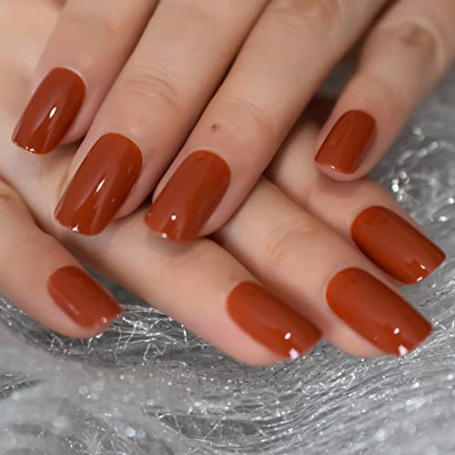 "Kürbis Orange" Pure Color Press On Nails Medium Square Glossy Faux Ongles Acrylic Full Cover Art Design Daily Date Adhesive Stickers Women Girl 24 pcs/kit von EchiQ