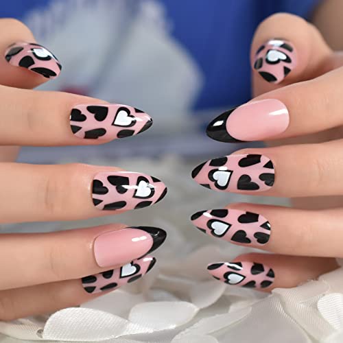 Pink Black Hearted, Medium Almond Press On Nails, Gel Glossy Nails Art, Cute Design, Salon Manicure, Stiletto Fake Nails for Women Girls, Suitable for Daily Date Party Show 24pcs/kit von EchiQ