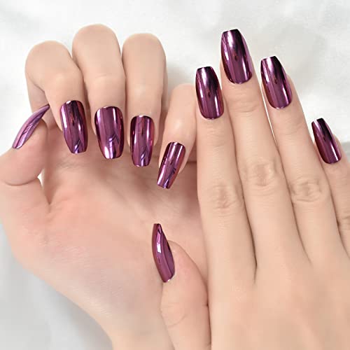 Purple Metallic Medium Squoval Fake Nails Tips Glossy Laser Mirror Reflection Press On Nails Manicure Salon DIY Women Girl Gift Party Gig Shiny 24 pcs/kit von EchiQ