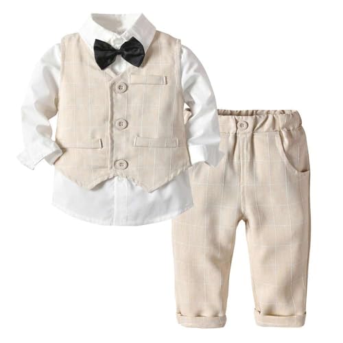 Echinodon Baby Anzug Set Junge 4tlg Bekleidungsset Hemd mit Fliege Weste Hose Gentleman Kleinkind Outfit Set Hochzeitsanzug Festanzug Beige 100 von Echinodon