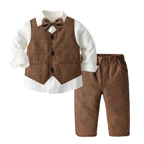 Echinodon Baby Anzug Set Junge 4tlg Bekleidungsset Hemd mit Fliege Weste Hose Gentleman Kleinkind Outfit Set Hochzeitsanzug Festanzug Braun 90 von Echinodon