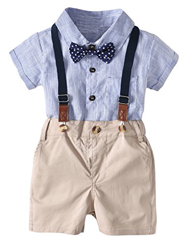 Echinodon Baby Hemdbody mit Fliege + Kurze Hose mit Träger Junge Bekleidungsset Kleinkinder Gentleman Anzug Baumwolle Set Babyanzug Blau von Echinodon
