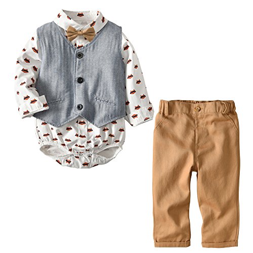 Echinodon Baby Hemdbody mit Fliege + Weste + Hose/Bekleidungsset Junge Kleinkinder Gentleman Anzug Baumwolle Set Babyanzug Gelb von Echinodon