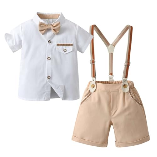 Echinodon Baby Jungen Outfit Set Kleinkind Anzug Sommer Set Gentleman Kurzarmhemd mit Fliege + Shorts mit Hosenträger Festanzug Beige 100 von Echinodon