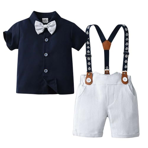 Echinodon Baby Jungen Outfit Set Kleinkind Anzug Sommer Set Gentleman Kurzarmhemd mit Fliege + Shorts mit Hosenträger Festanzug Navyblau 100 von Echinodon