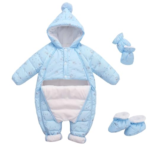 Echinodon Baby Schneeanzug Overall Winter Daunen Strampler Kleinkind Winteroverall mit Handschuhe und Füßlinge Blau 73 von Echinodon