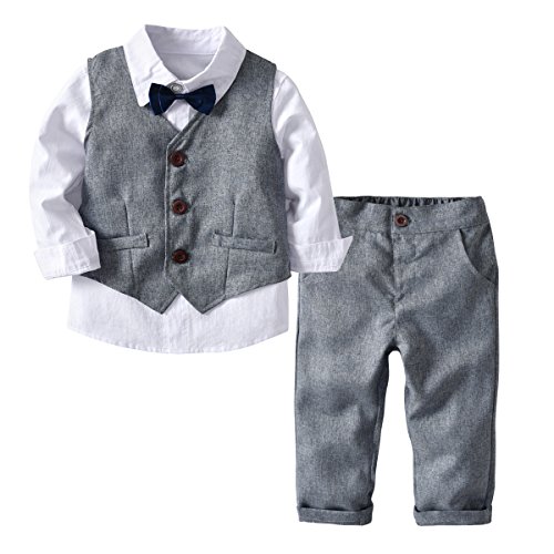 Echinodon [Bekleidungsset Junge Festlich] Kinder Hemd mit Fliege + Weste + Hose Kleinkinder Gentleman Set Baby Taufe Anzug (122/128(Herstellergröße: 130), Weiß) von Echinodon