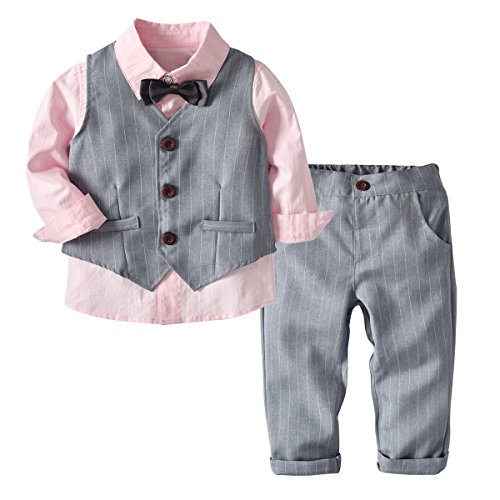 Echinodon [Bekleidungsset Junge Festlich] Kinder Hemd mit Fliege + Weste + Hose Kleinkinder Gentleman Set Baby Taufe Anzug Pink von Echinodon