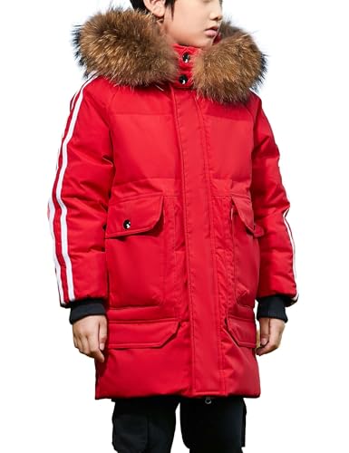 Echinodon Daunenjacke Kinder Jungen Lang Schneejacke Winterjacke mit Abnehmbarer Fellkapuze Winter Mantel Jacke Rot 170 von Echinodon