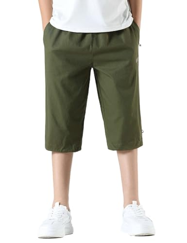 Echinodon Jungen 3/4 Kurze Hose Baumwolle Shorts Leicht Kinder Sweatshorts Sommerhose Sport und Freizeit Armeegrün 170 von Echinodon