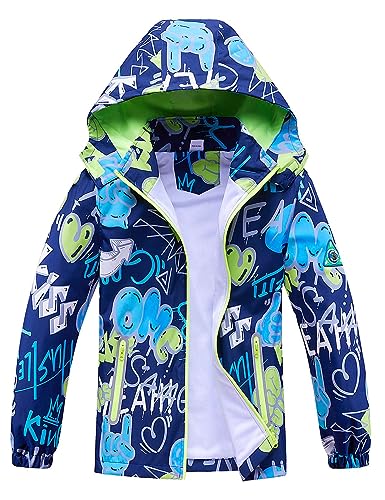 Echinodon Junge Jacke Kinder Windjacke Übergangsjacke mit abnehmbarer Kapuze Frühling Herbst Blau(Aufdruck) 130 von Echinodon