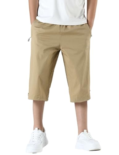 Echinodon Jungen 3/4 Kurze Hose Baumwolle Shorts Leicht Kinder Sweatshorts Sommerhose Sport und Freizeit Khaki 150 von Echinodon