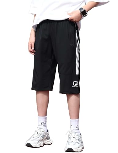 Echinodon Jungen 3/4 Kurze Hose Stretch Shorts Schnelltrocknend Sweatshorts Kinder Sport und Freizeit Sommerhose Schwarz 150 von Echinodon