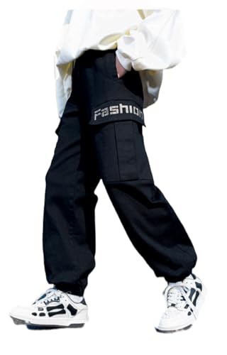 Echinodon Jungen Cargohose Baumwolle Sweathose Kinder Cargo Hose Sport Freizeit Hose Schwarz 170 von Echinodon