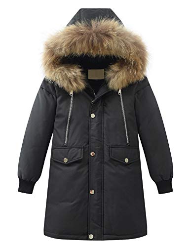 Echinodon Jungen Daunenjacke Lang Kinder Winter Jacke mit Fellkapuze Winterjacke Kapuzenjacke Parka Schwarz 150 von Echinodon