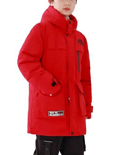 Echinodon Jungen Daunenjacke Lang Kinder Winterjacke mit Abnehmbarer Kapuze Schneejacke Winter Mantel Jacke Rot 140 von Echinodon