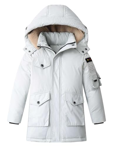 Echinodon Jungen Daunenjacke Winterjacke Kinder Wintermantel mit abnehmbarer Kapuze Kapuzenjacke Outdoorjacke Winter Parka Weiß 160 von Echinodon