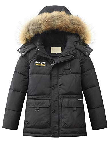 Echinodon Jungen Daunenjacke mit abnehmbarer Fellkapuze Kinder Winter Jacke Winterjacke Kapuzenjacke Parka Schwarz 160 von Echinodon