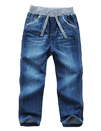 Echinodon Jungen Jeans Jeanshose Baumwolle Straight Fit Kordelzug Bund Denim Hosen für Kinder Dunkelblau 120 von Echinodon