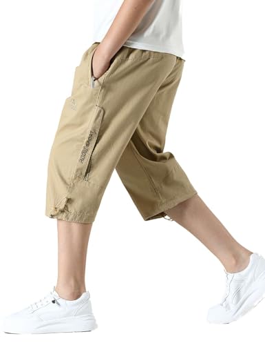 Echinodon Jungen Kurze Hose 3/4 Sommerhose Leicht Baumwolle Shorts Kinder Sweatshorts Sport und Freizeit Khaki 130 von Echinodon