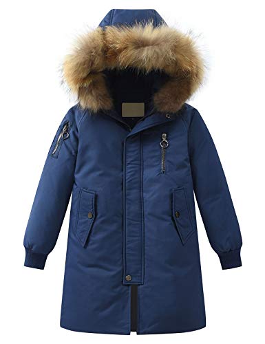 Echinodon Jungen Lange Daunenjacke mit Fellkapuze Kinder Jacke Winterjacke Kapuzenjacke Winter Parka Navy 170 von Echinodon