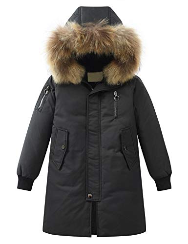 Echinodon Jungen Lange Daunenjacke mit Fellkapuze Kinder Jacke Winterjacke Kapuzenjacke Winter Parka Schwarz 150 von Echinodon