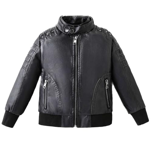 Echinodon Jungen Lederjacke Stehkragen Bikerjacke Kinder Motorrad Jacke aus Kunstleder B-Schwarz 140 von Echinodon
