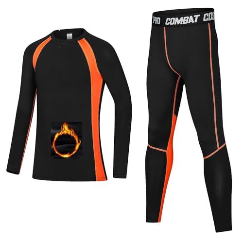 Echinodon Jungen Sportunterwäsche mit Fleecefutter Kinder Fußball Kompressionsunterwäsche Funktionsunterwäsche Set für Fitness Running Fußballtraining Basketball Radsport Fleecefutter-Orange 26 von Echinodon