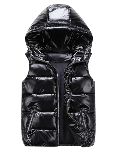 Echinodon Jungen Steppweste mit Kapuze Kinder Teenager Winter Weste Outdoor Wasserabweisend Winddicht Warm Herren Weste Schwarz 2XL von Echinodon