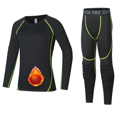 Echinodon Jungen Thermowäsche mit Knieschützer Sportunterwäsche mit Fleecefutter Kinder Funktionsunterwäsche Set für Fußball Training Grün 28 von Echinodon