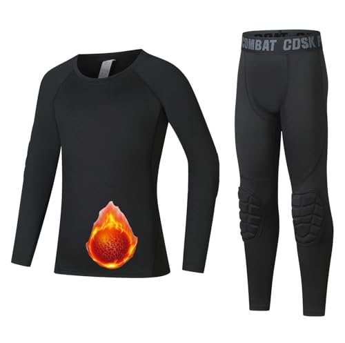 Echinodon Jungen Thermowäsche mit Knieschützer Sportunterwäsche mit Fleecefutter Kinder Funktionsunterwäsche Set für Fußball Training Schwarz S von Echinodon