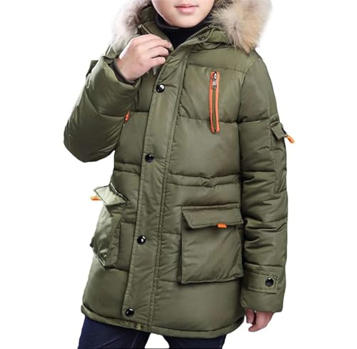 Echinodon Jungen Winterjacke mit Fellkapuze Kinder Jacke Winter Parka Mantel Armeegrün 140 von Echinodon
