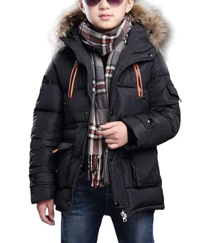 Echinodon Jungen Winterjacke mit Fellkapuze Kinder Jacke Winter Parka Mantel Schwarz 140 von Echinodon