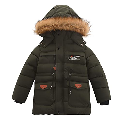 Echinodon Jungen Winterjacke mit Fleecefutter Kinder Mantel mit Kapuze Winter Parka Lange Jacke Armeegrün 130 von Echinodon