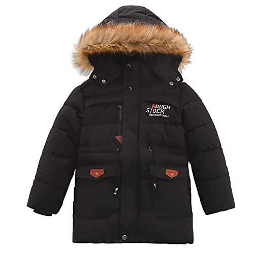 Echinodon Jungen Winterjacke mit Fleecefutter Kinder Parka mit Kapuze Winter Lange Mantel Jacke Schwarz 150 von Echinodon