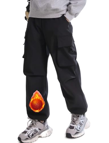 Echinodon Kinder Cargohose Gefüttert Jungen Mädchen Outdoorhose mit Fleecefutter Jogginghose Freizeithose Herbst Winter Hose Schwarz 150 von Echinodon