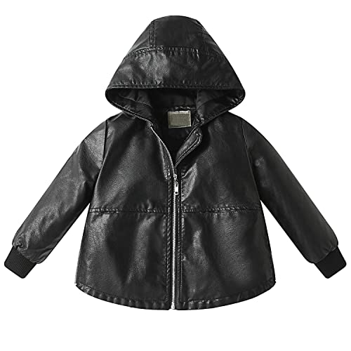 Echinodon Kinder Gefütterte Jacke aus Kunstleder Lederjacke mit Kapuze Bikerjacke Jungen Mädchen Motorradjacke Jacke Schwarz 100 von Echinodon