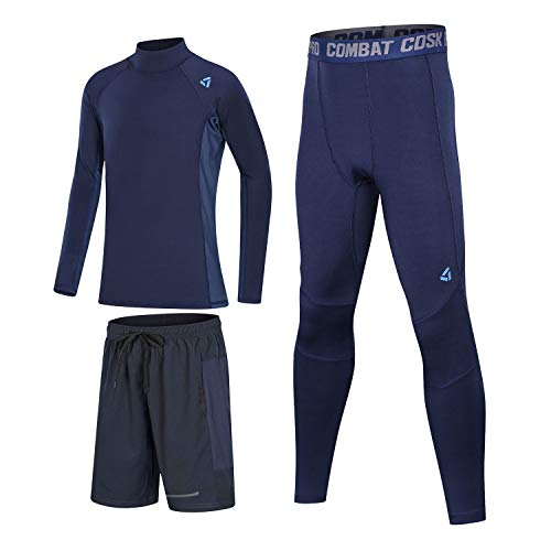 Echinodon Kinder Thermo Sportunterwäsche mit Fleecefutter 3tlg Set Mädchen Jungen Kompressionsunterwäsche für Fitness Fußball Training Radsport Running Blau von Echinodon