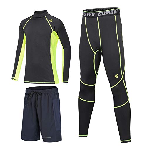 Echinodon Kinder Thermo Sportunterwäsche mit Fleecefutter 3tlg Set Mädchen Jungen Kompressionsunterwäsche für Fitness Fußball Training Radsport Running Grün von Echinodon